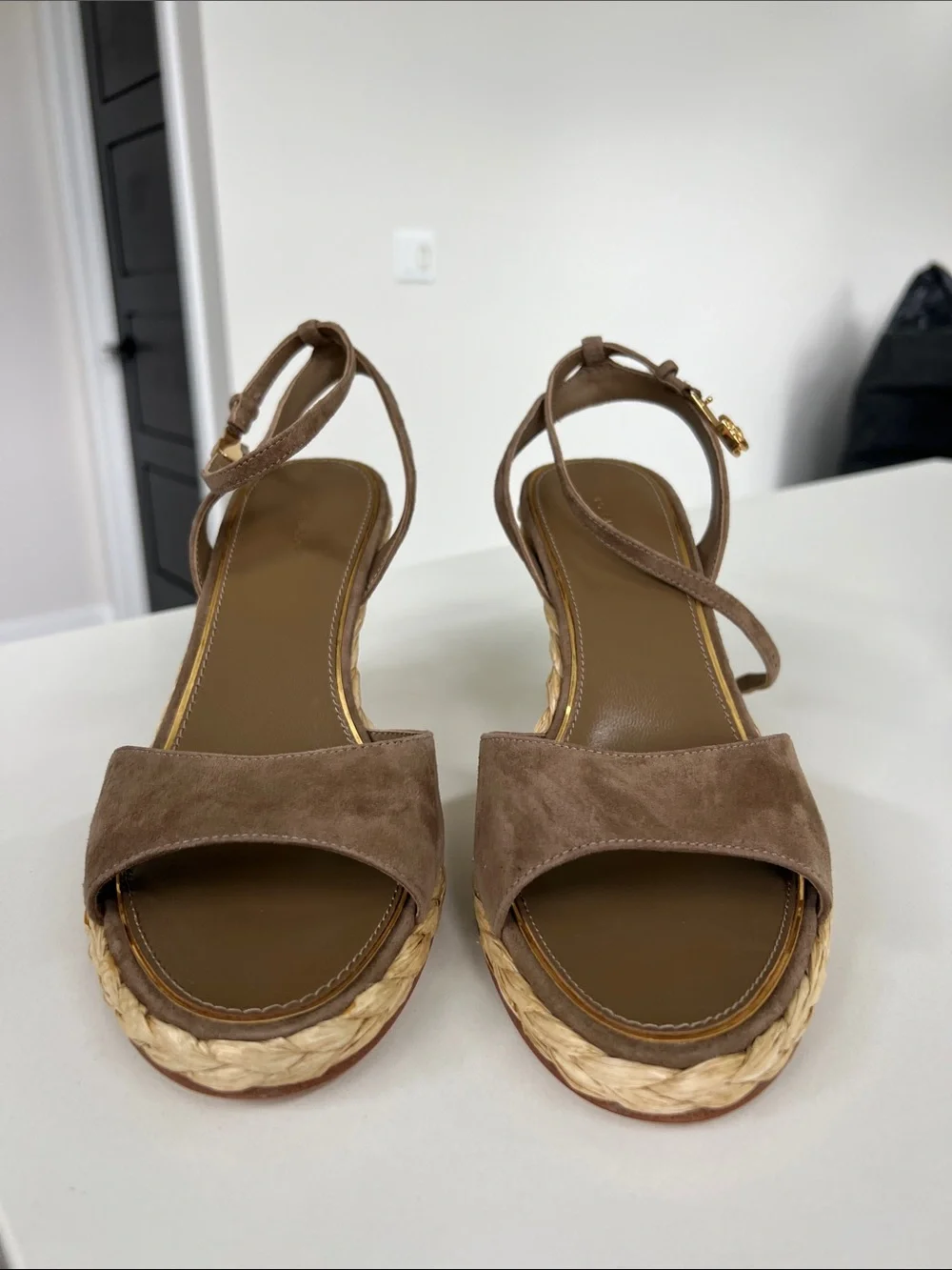 Tory Burch raffia open toe sandals wedges heels 80mm brown suede leather 9.5